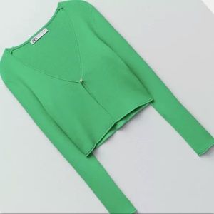 green ZARA v-neck ribbed cardigan